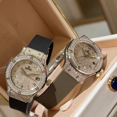 Hublot Geneve Women's Watches Lady 33mm Swiss Ronda Quartz Movement Black/Green Rubber Strap Iced Out Watch